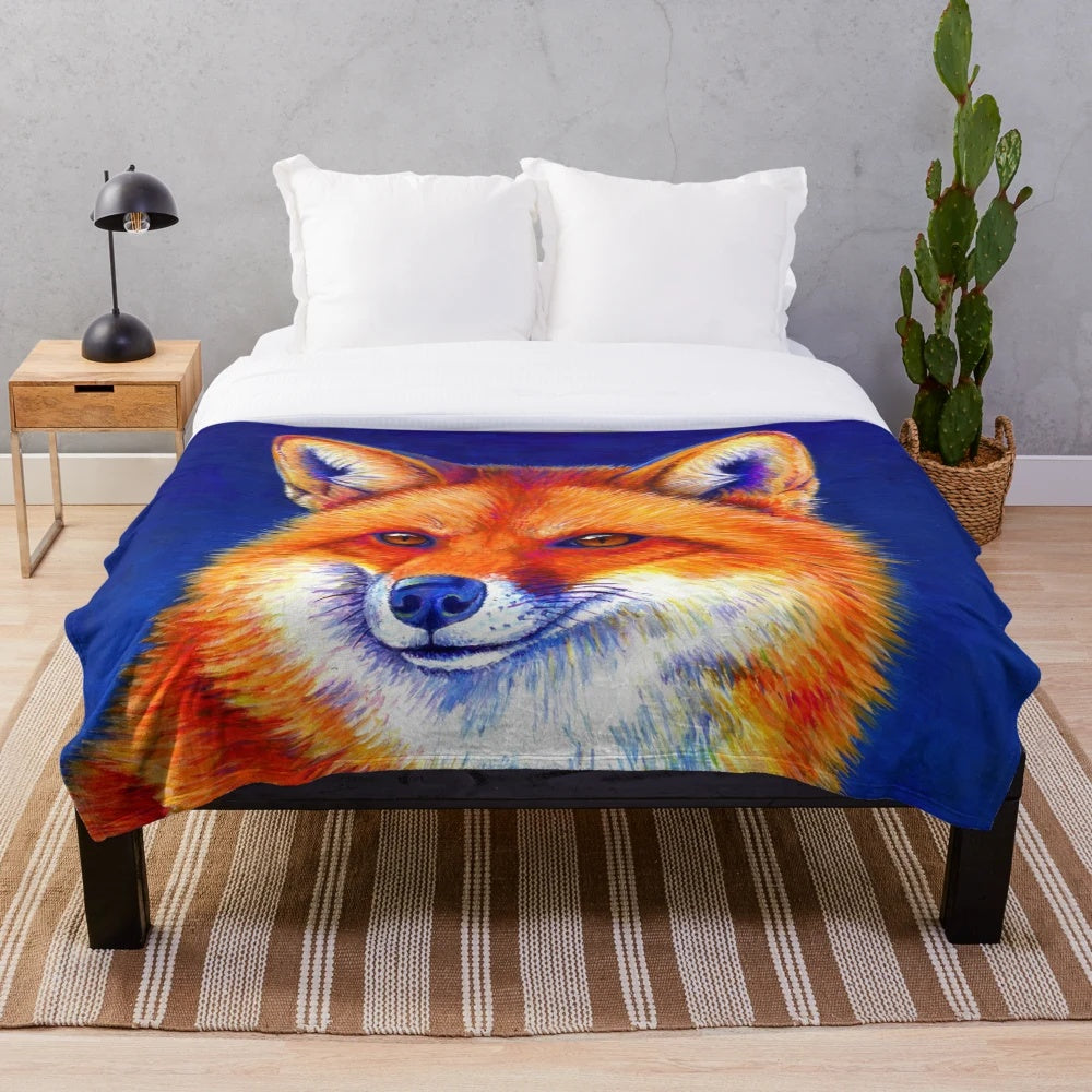 Vibrant red fox plush blanket with colorful, contemporary art design
