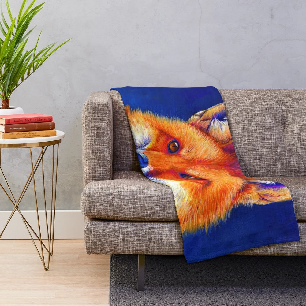 Vibrant red fox plush blanket with colorful, contemporary art design