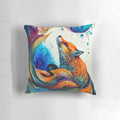 Closeup of a whimsical red fox illustrated in a colorful watercolor style on a decorative pillow.