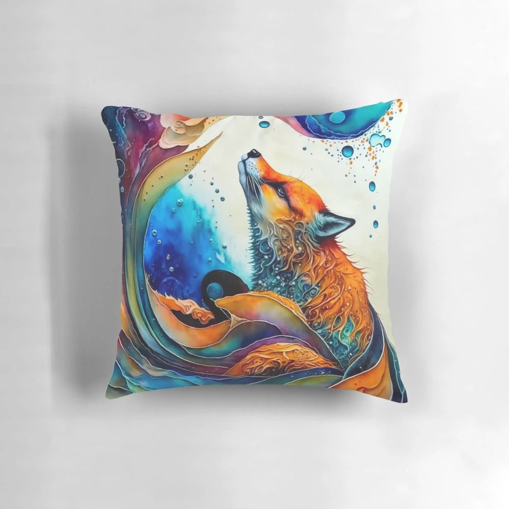 Closeup of a whimsical red fox illustrated in a colorful watercolor style on a decorative pillow.