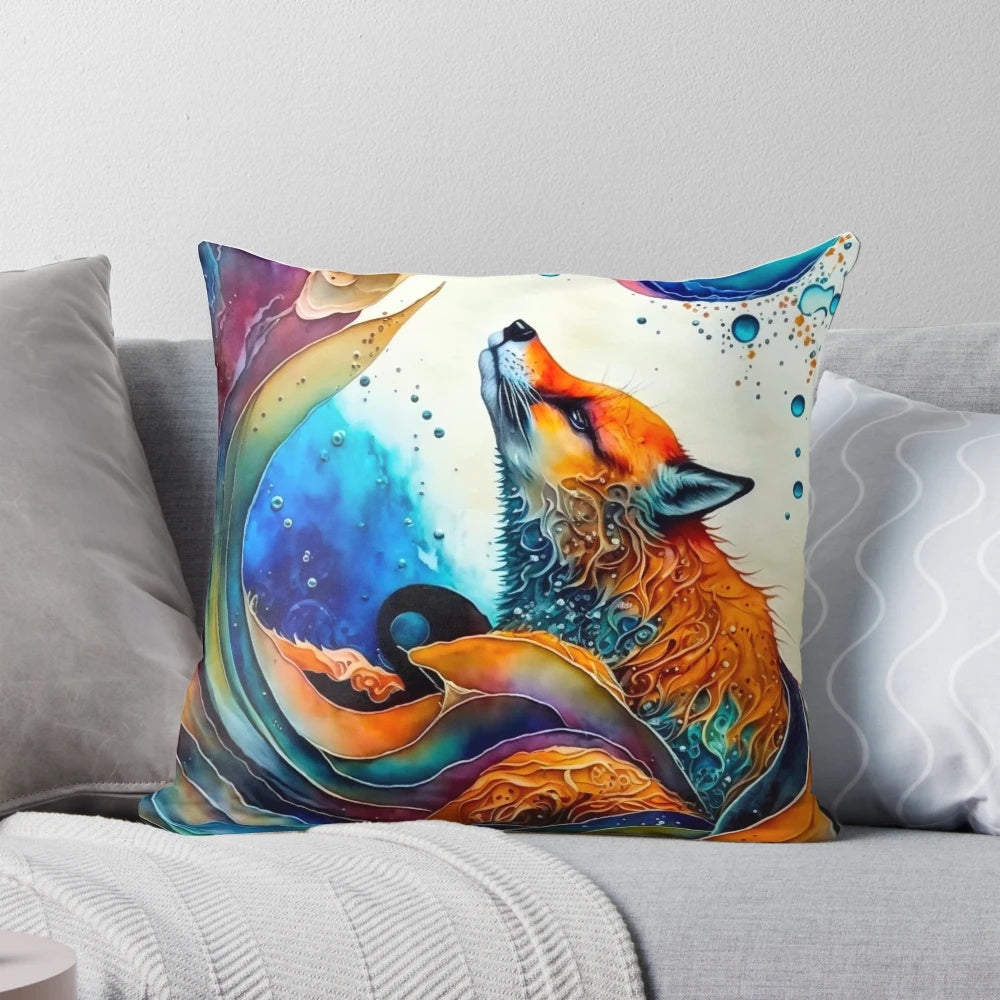 Closeup of a whimsical red fox illustrated in a colorful watercolor style on a decorative pillow.