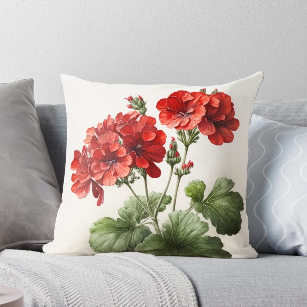 Colorful red geranium flowers printed on a decorative throw pillow