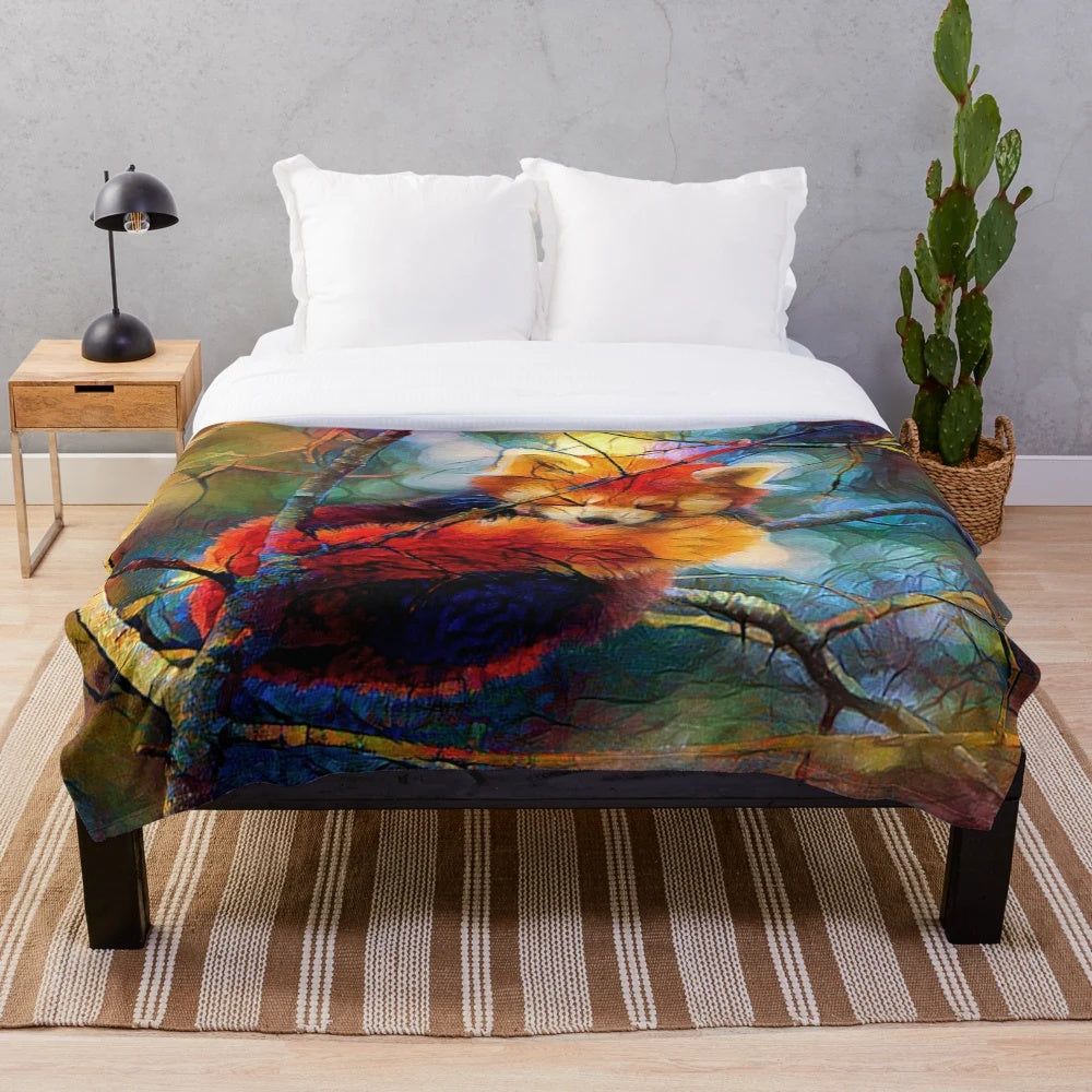 Colorful red panda plush blanket with autumn leaves and branches