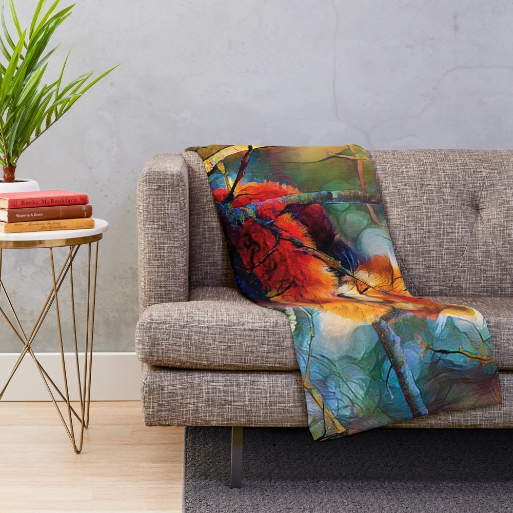 Colorful red panda plush blanket with autumn leaves and branches