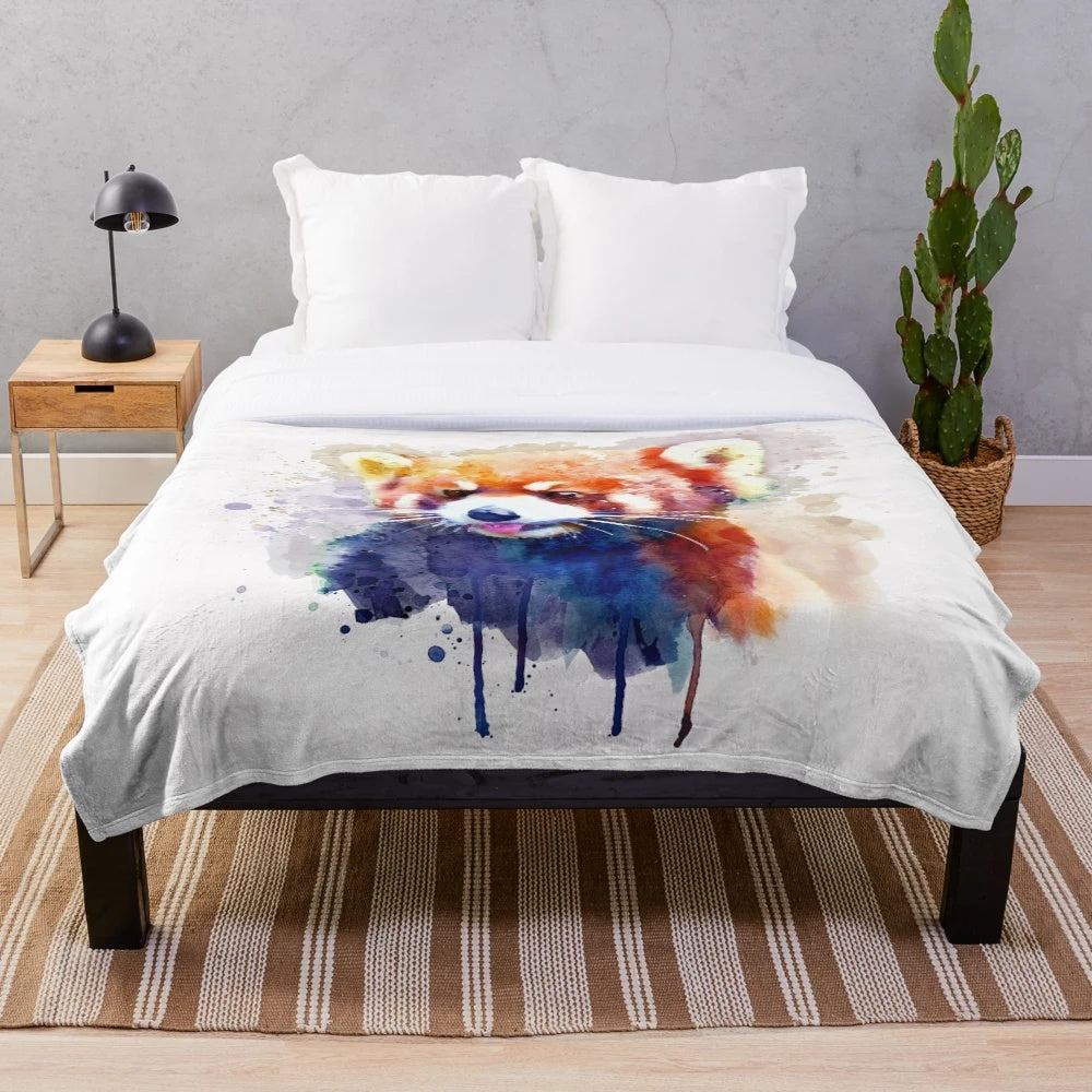 Red panda plush blanket with vibrant watercolor-style painting