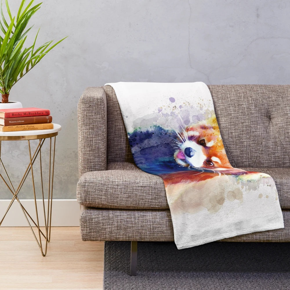 Red panda plush blanket with vibrant watercolor-style painting