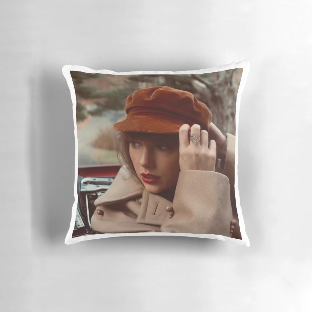 Vibrant red pillow with Taylor Swift-inspired design
