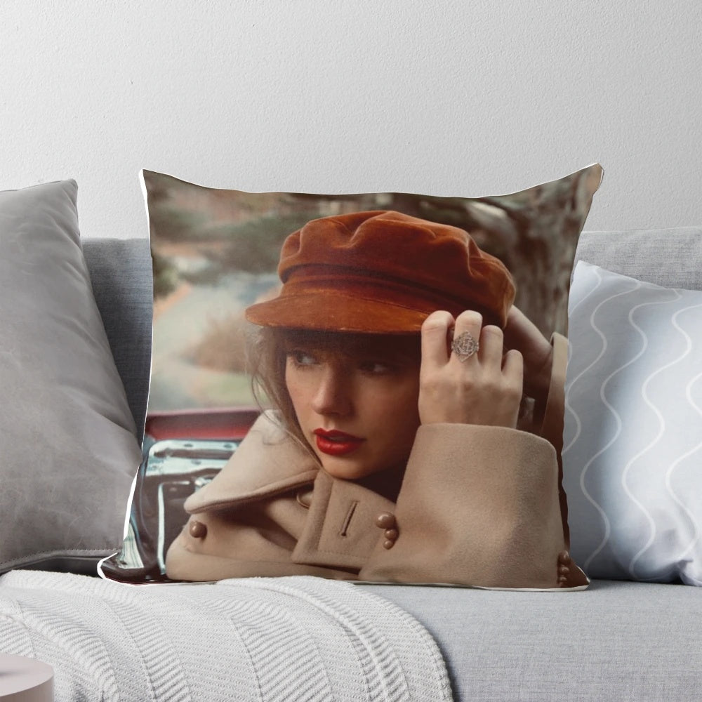 Vibrant red pillow with Taylor Swift-inspired design
