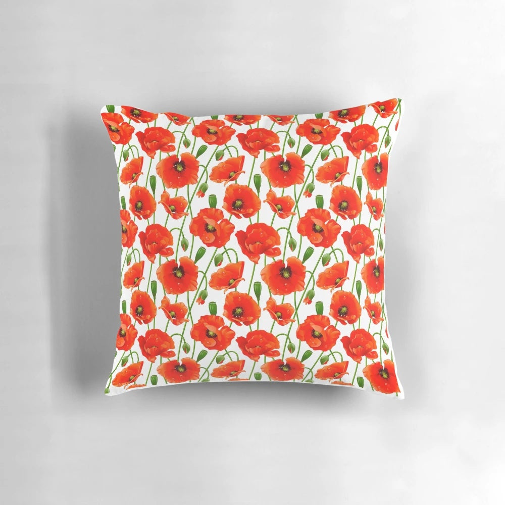 Beautiful red poppy flowers printed on a high-quality decorative throw pillow