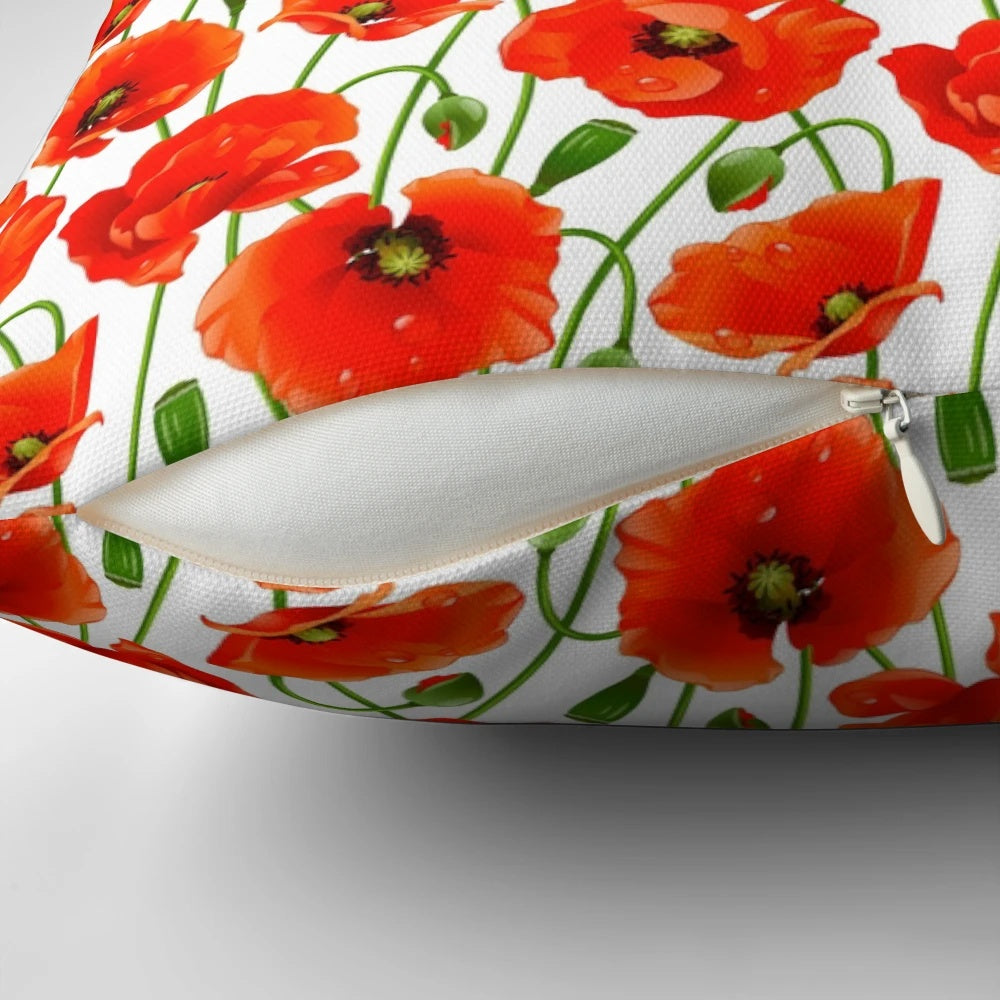 Beautiful red poppy flowers printed on a high-quality decorative throw pillow