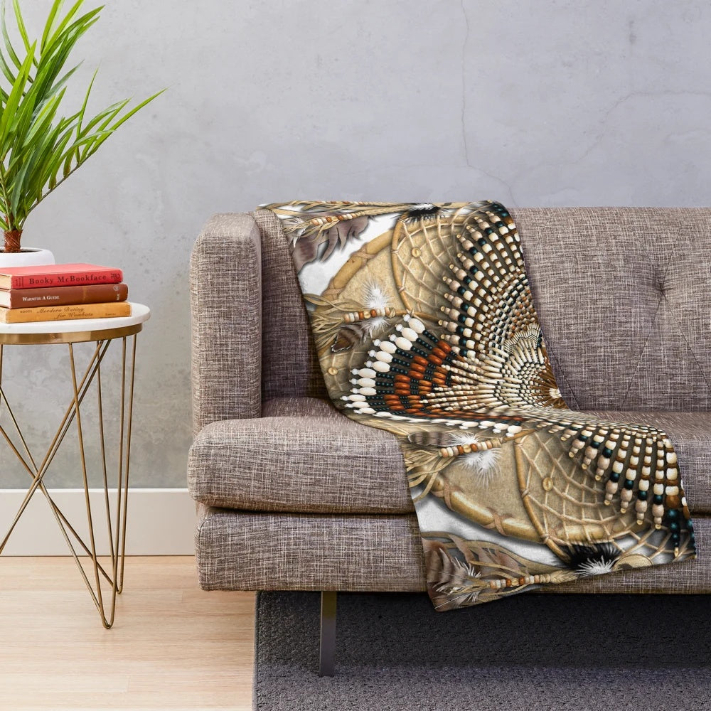Red tail hawk dreamcatcher mandala design on a cozy plush blanket
