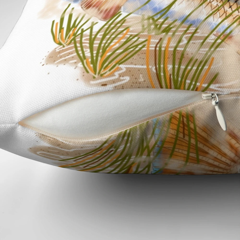 Pillow featuring a vibrant illustration of a redfish swimming in a grassy coastal scene, designed by marine artist Carey Chen.