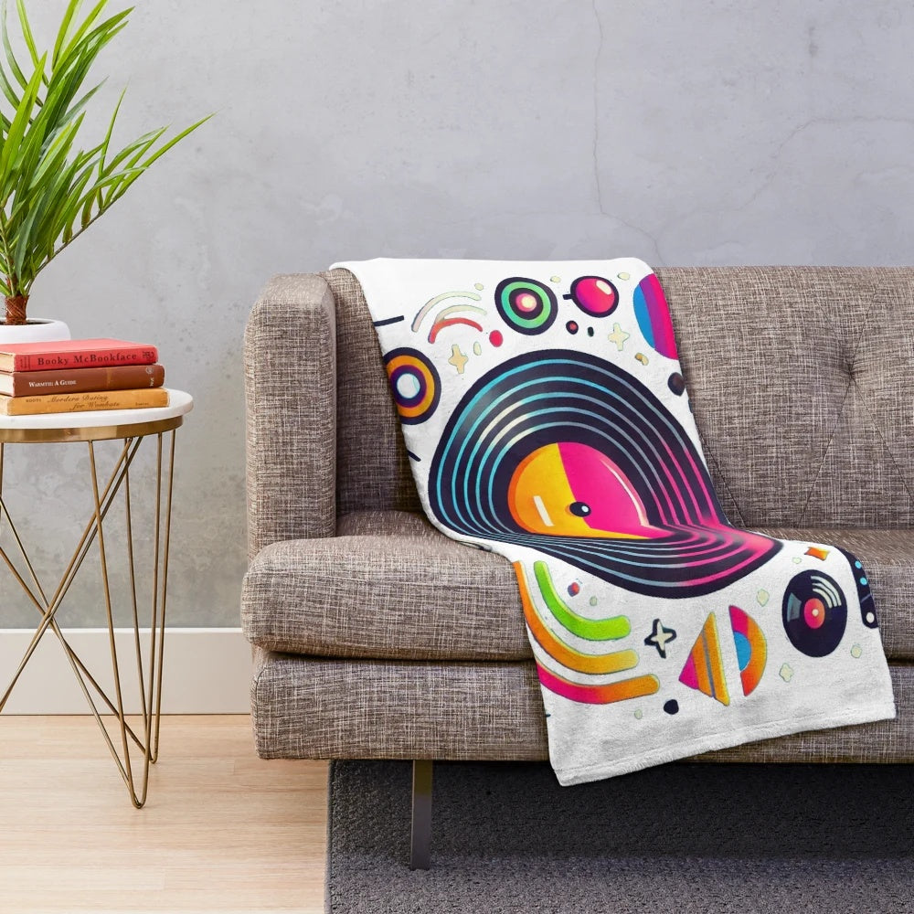 Vintage 80s vinyl record plush blanket with vibrant colorful design