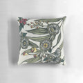 Retro-inspired floral pillow featuring hand-painted Australian native botanicals like gumleaves, gumnuts, and olive foliage.