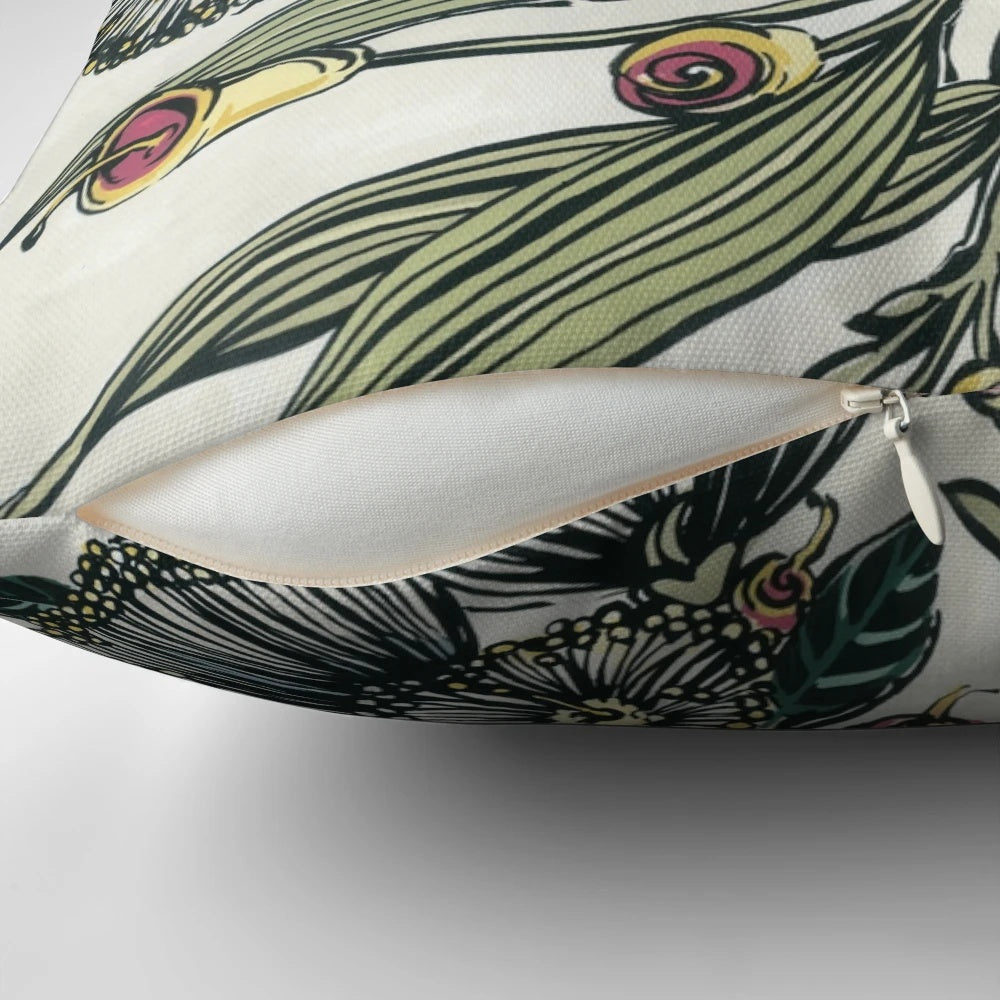 Retro-inspired floral pillow featuring hand-painted Australian native botanicals like gumleaves, gumnuts, and olive foliage.