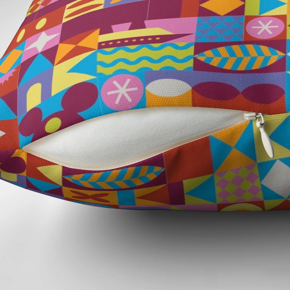 Colorful retro-style pillow with blocks of vibrant colors