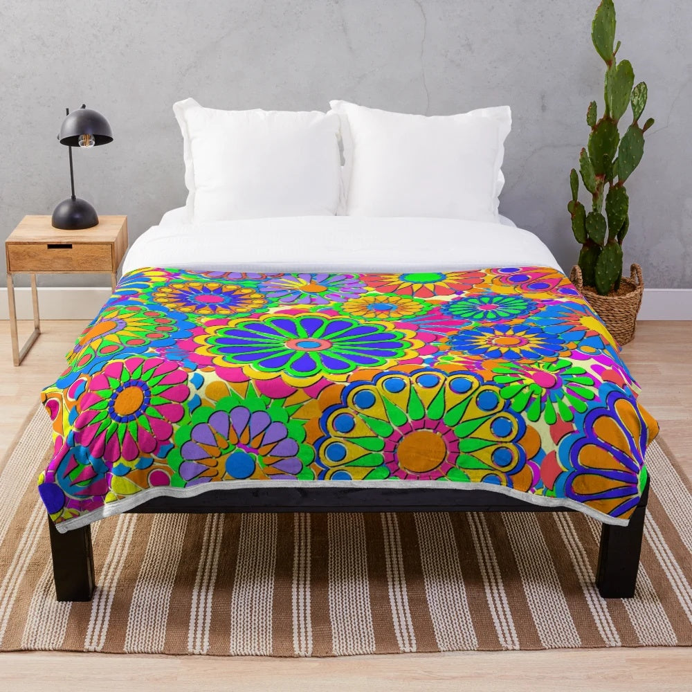 Colorful retro floral pattern plush blanket