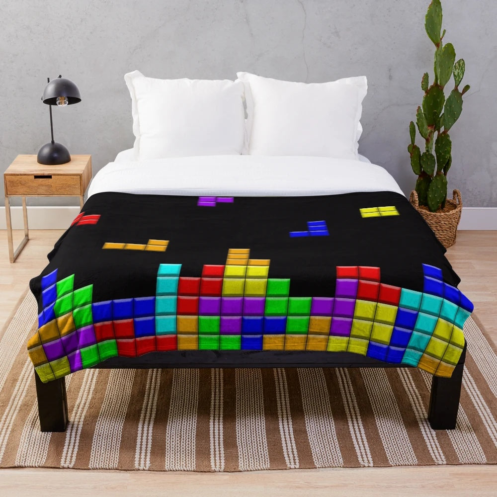 Retro game pattern plush blanket with colorful squares and shapes