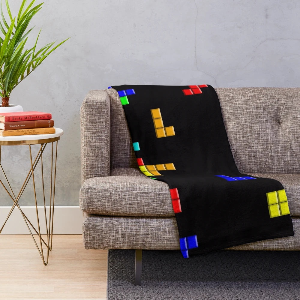 Retro game pattern plush blanket with colorful squares and shapes