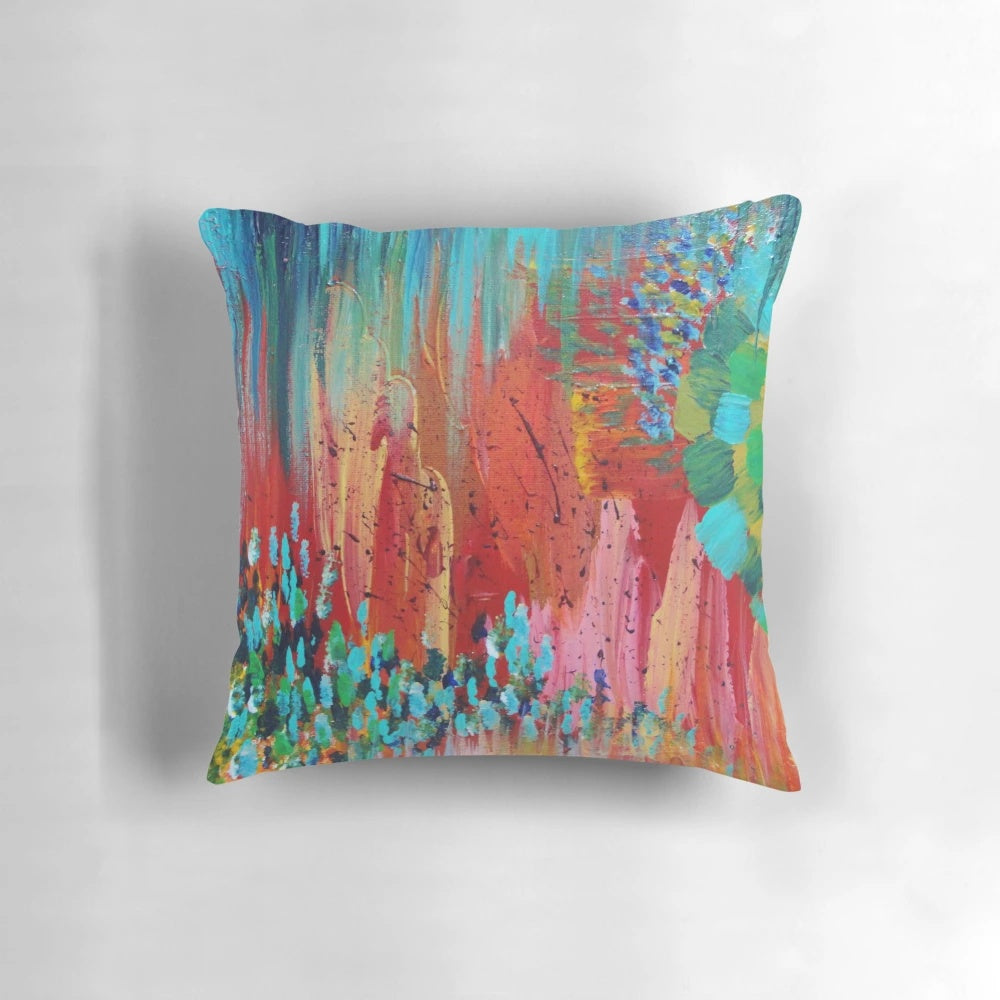 Bright bold red abstract acrylic colorful painting with 70s twist in vintage style for hip pillow