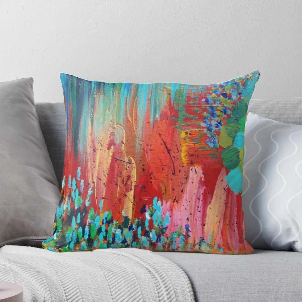Bright bold red abstract acrylic colorful painting with 70s twist in vintage style for hip pillow