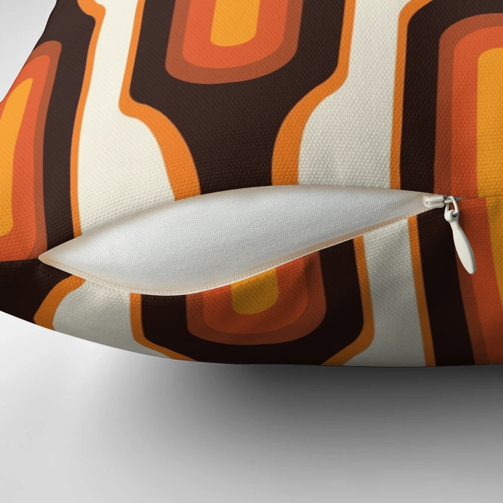 Colorful orange 1970s-inspired capsule-shaped throw pillow with a modern mid-century design