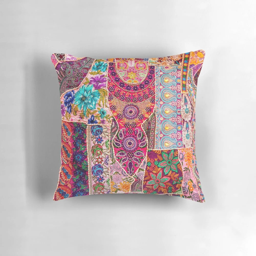 Colorful patchwork pattern throw pillow with a retro, abstract design for patchwork enthusiasts