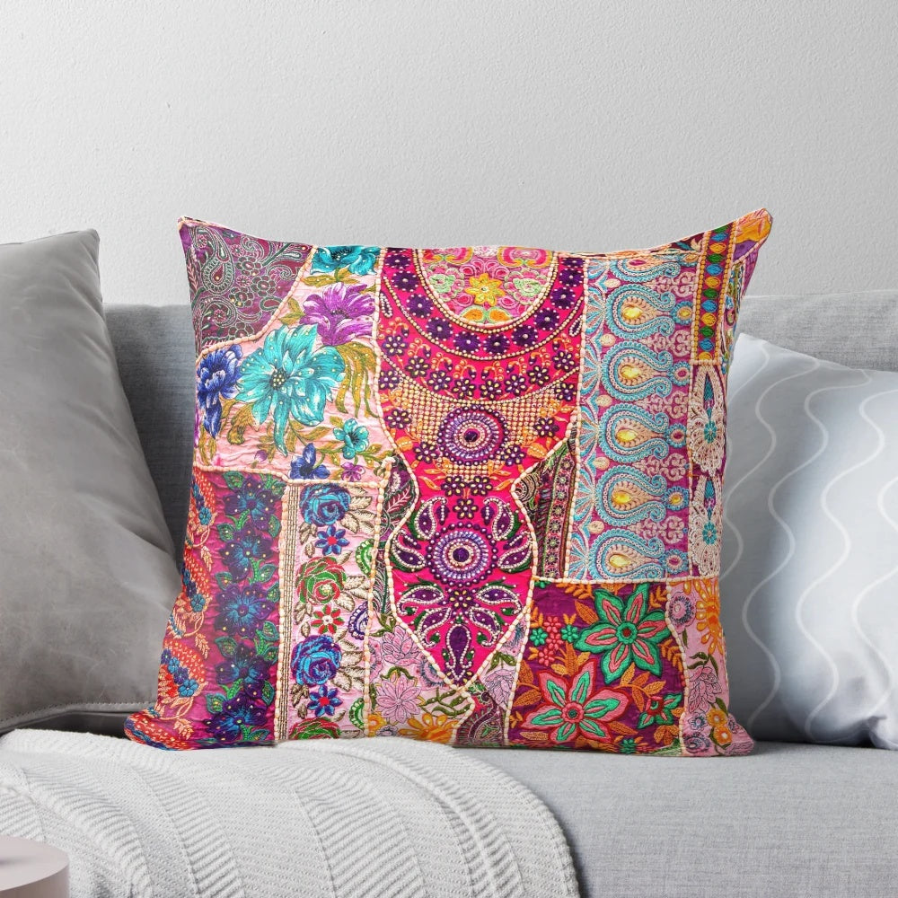 Colorful patchwork pattern throw pillow with a retro, abstract design for patchwork enthusiasts