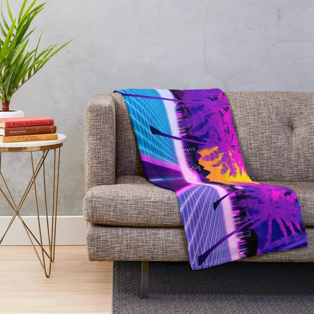 Retrowave plush blanket with vibrant 80s neon aesthetic