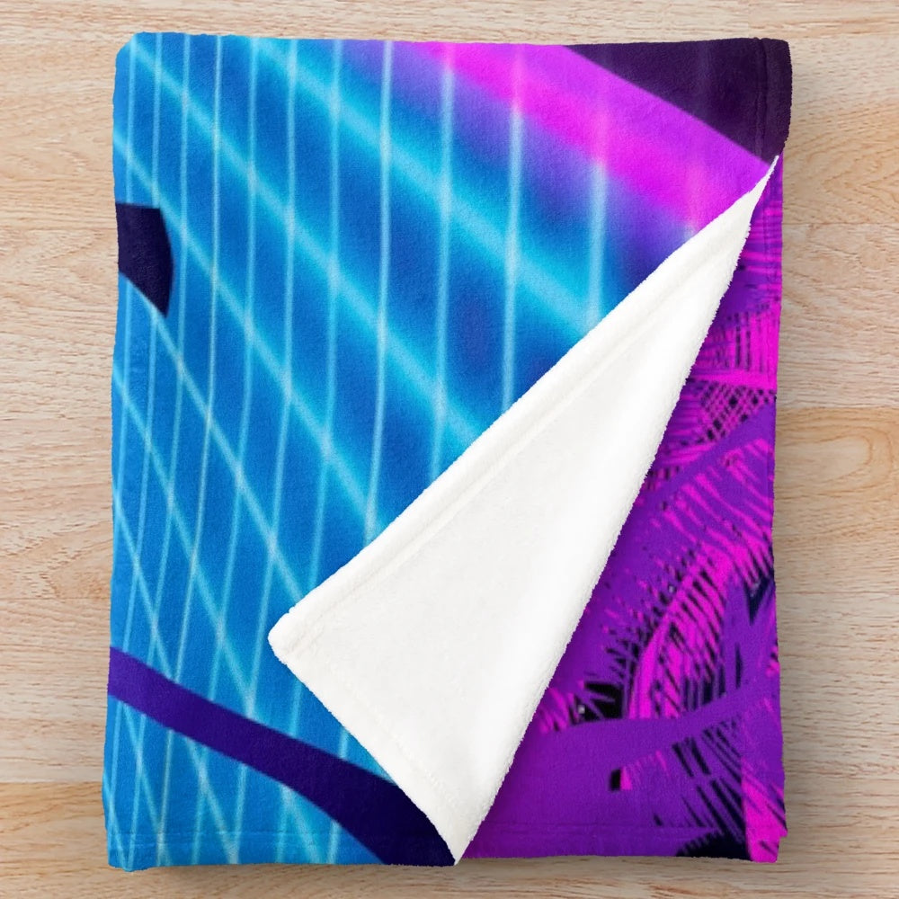 Retrowave plush blanket with vibrant 80s neon aesthetic