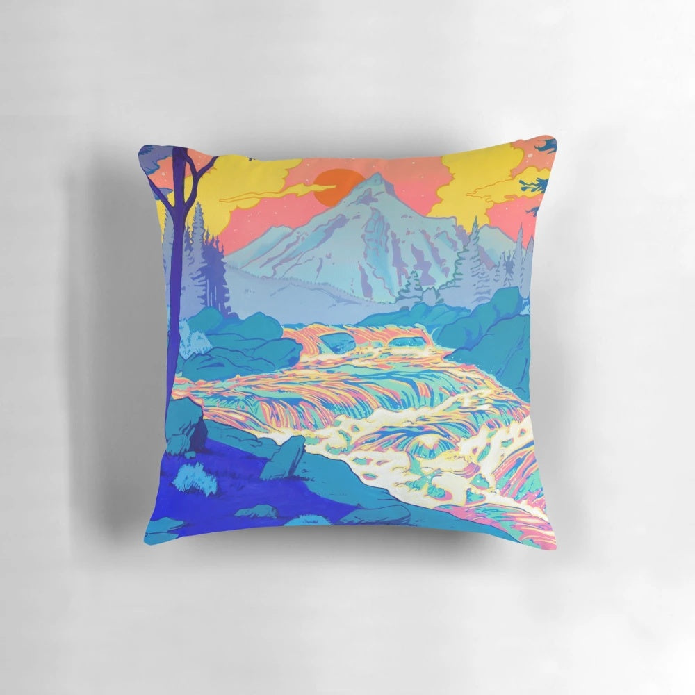 Colorful pop art inspired pillow featuring a vibrant river landscape in shades of pink, blue, and yellow.