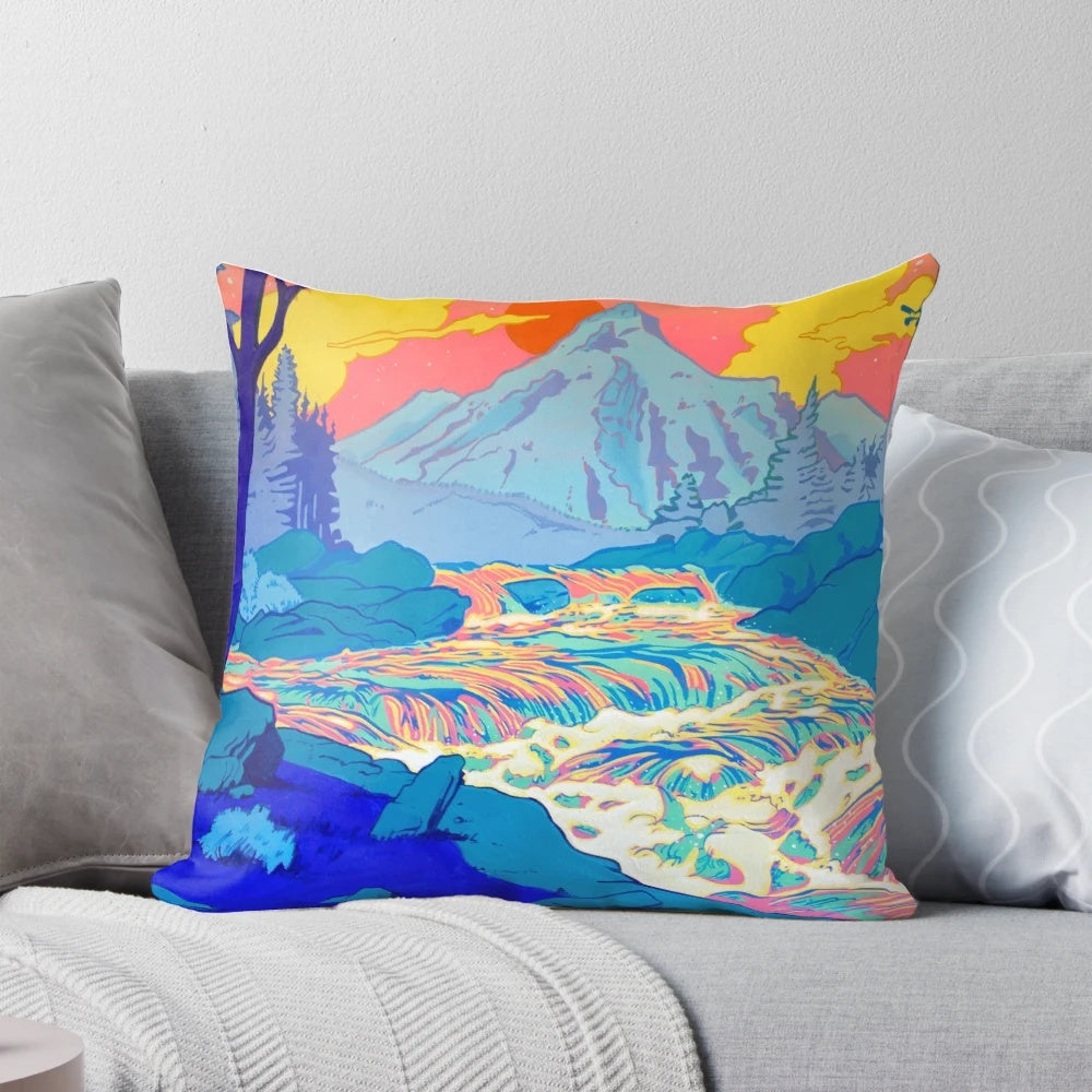 Colorful pop art inspired pillow featuring a vibrant river landscape in shades of pink, blue, and yellow.