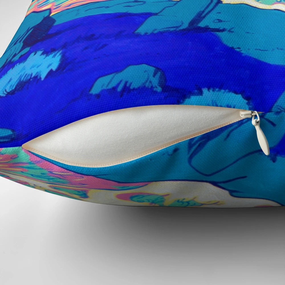 Colorful pop art inspired pillow featuring a vibrant river landscape in shades of pink, blue, and yellow.