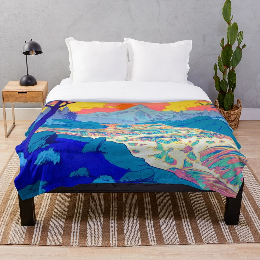 Vibrant pop art inspired plush blanket with a colorful river landscape design