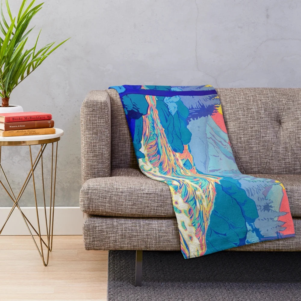Vibrant pop art inspired plush blanket with a colorful river landscape design
