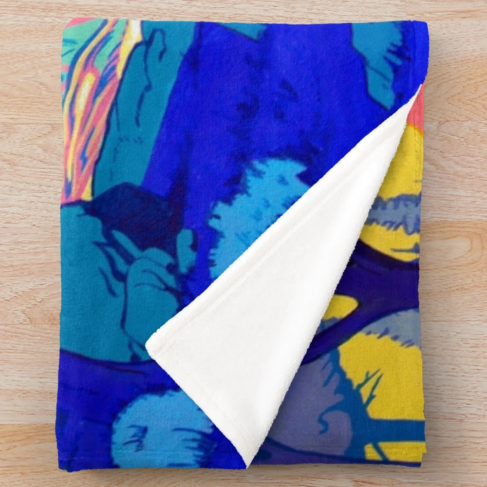 Vibrant pop art inspired plush blanket with a colorful river landscape design
