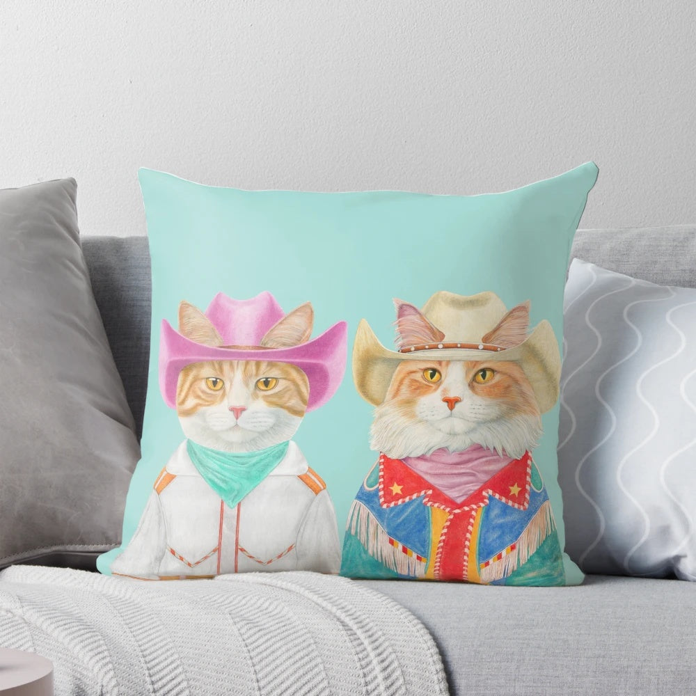 Colorful throw pillow featuring playful ginger cats in a rodeo-inspired design, perfect for cat lovers and Western-inspired home decor.