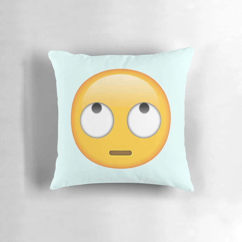 Vibrant rolling eyes emoji decorative pillow with a fun, expressive smiley face design.