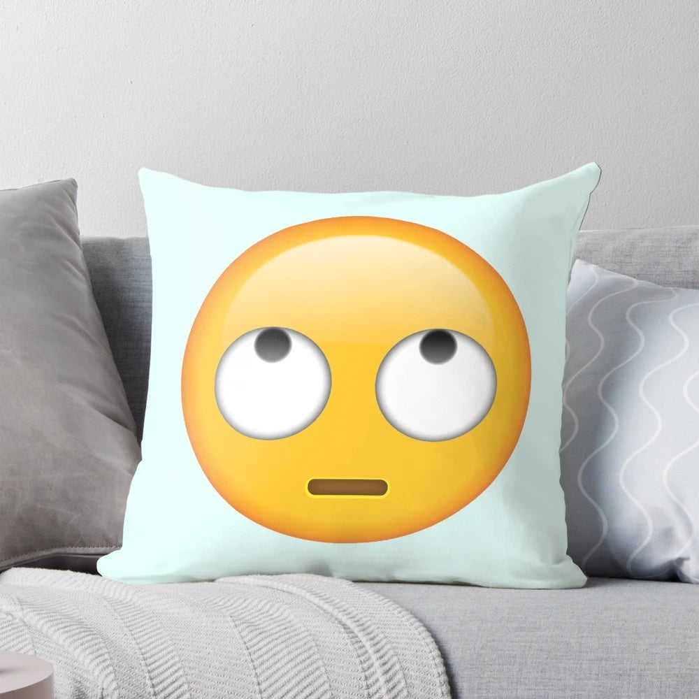 Vibrant rolling eyes emoji decorative pillow with a fun, expressive smiley face design.