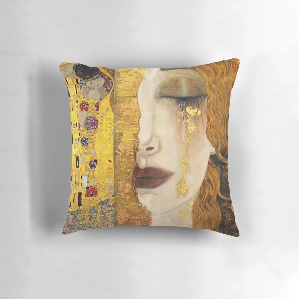 Pillow featuring a vibrant, romantic collage design inspired by Gustav Klimt's famous 'The Kiss' painting.