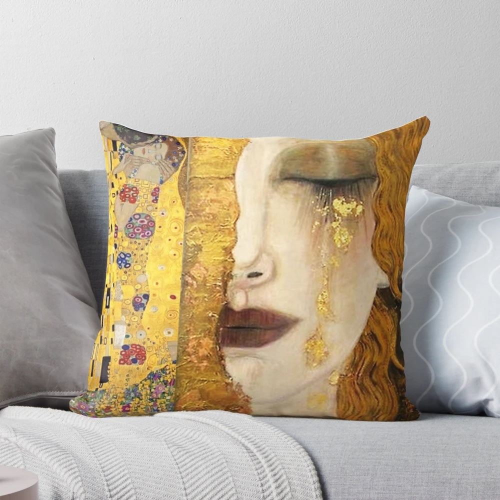 Pillow featuring a vibrant, romantic collage design inspired by Gustav Klimt's famous 'The Kiss' painting.