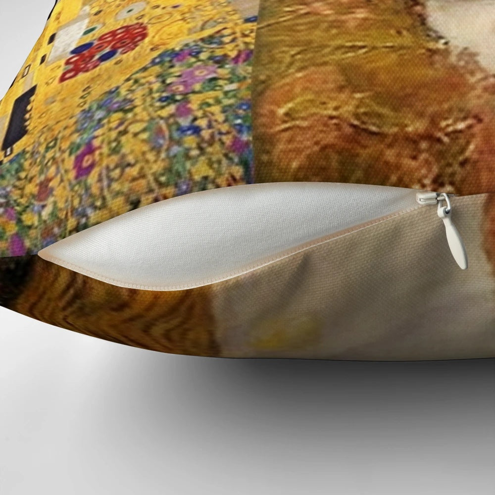 Pillow featuring a vibrant, romantic collage design inspired by Gustav Klimt's famous 'The Kiss' painting.