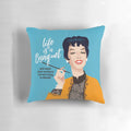 Vibrant decorative pillow inspired by the iconic film Auntie Mame and featuring the talented actress Rosalind Russell