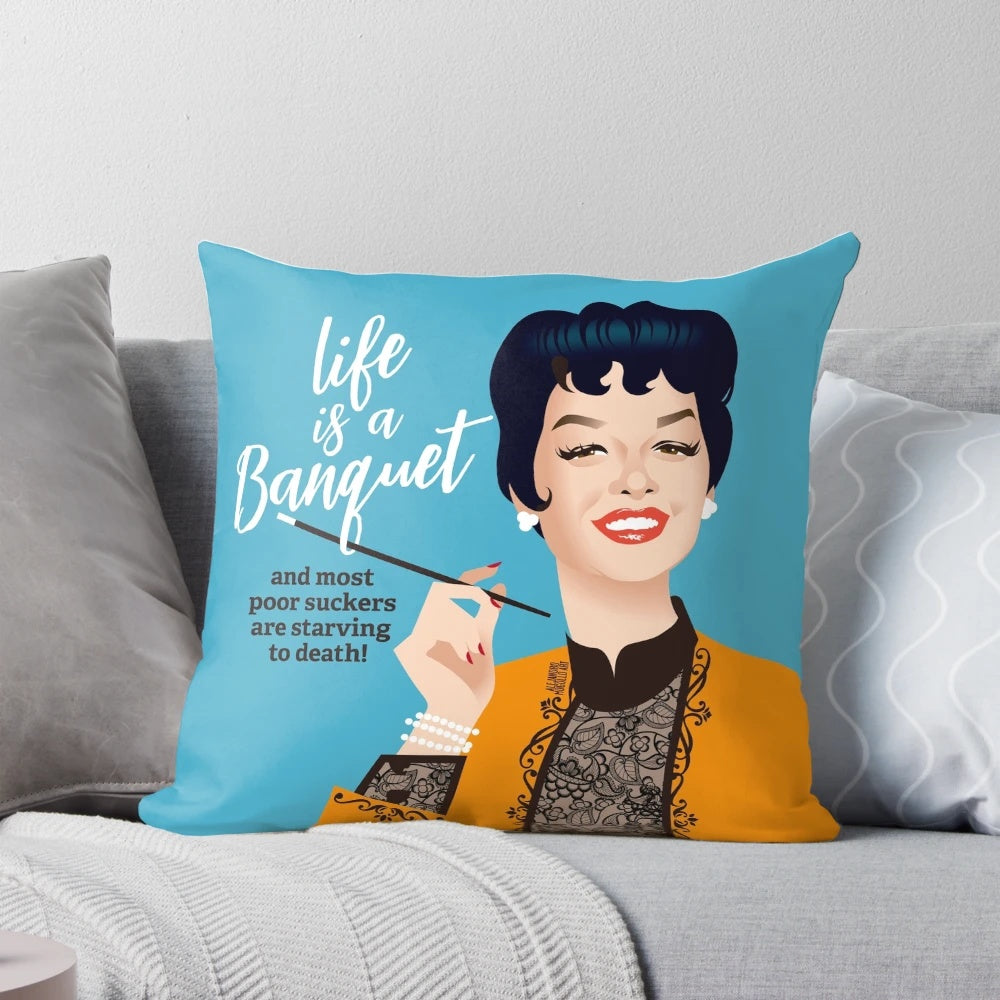 Vibrant decorative pillow inspired by the iconic film Auntie Mame and featuring the talented actress Rosalind Russell