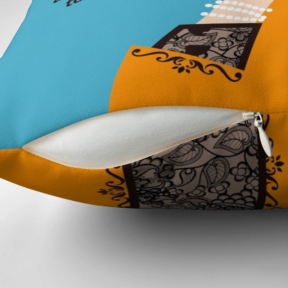 Vibrant decorative pillow inspired by the iconic film Auntie Mame and featuring the talented actress Rosalind Russell