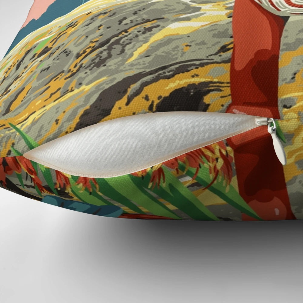 Rotorua Pillow featuring a colorful graphic design with Maori elements and New Zealand geyser imagery