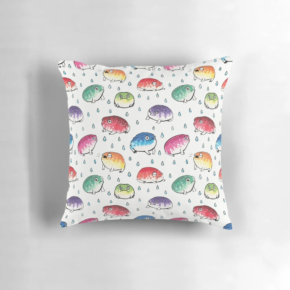 Vibrant round pillow featuring a colorful design of cute rain frogs