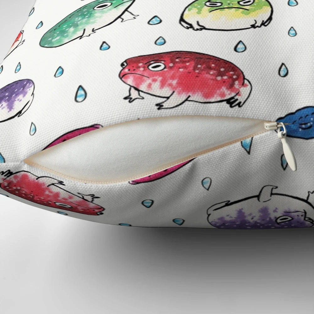 Vibrant round pillow featuring a colorful design of cute rain frogs