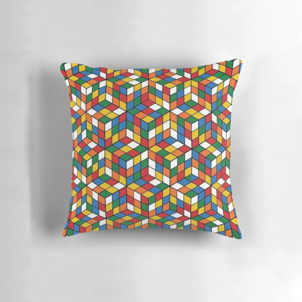 Colorful Rubik's Cube pattern printed on a soft, plush throw pillow.