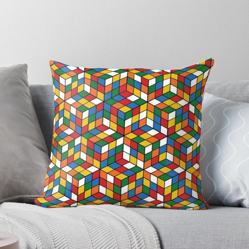 Colorful Rubik's Cube pattern printed on a soft, plush throw pillow.